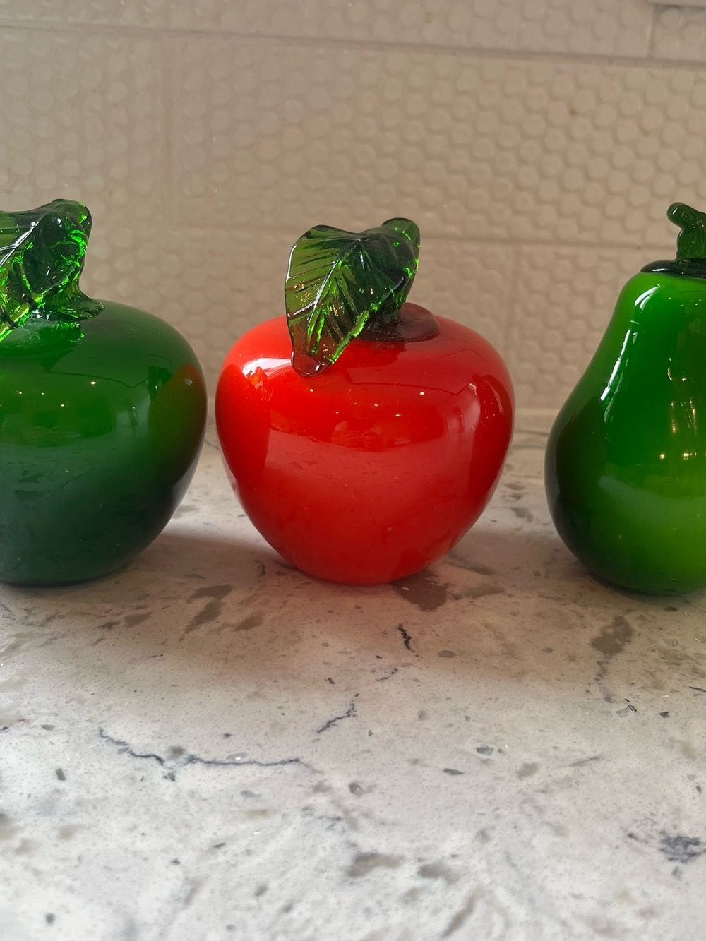 Glossy Red Glass Apple Accent with Green Leaf
